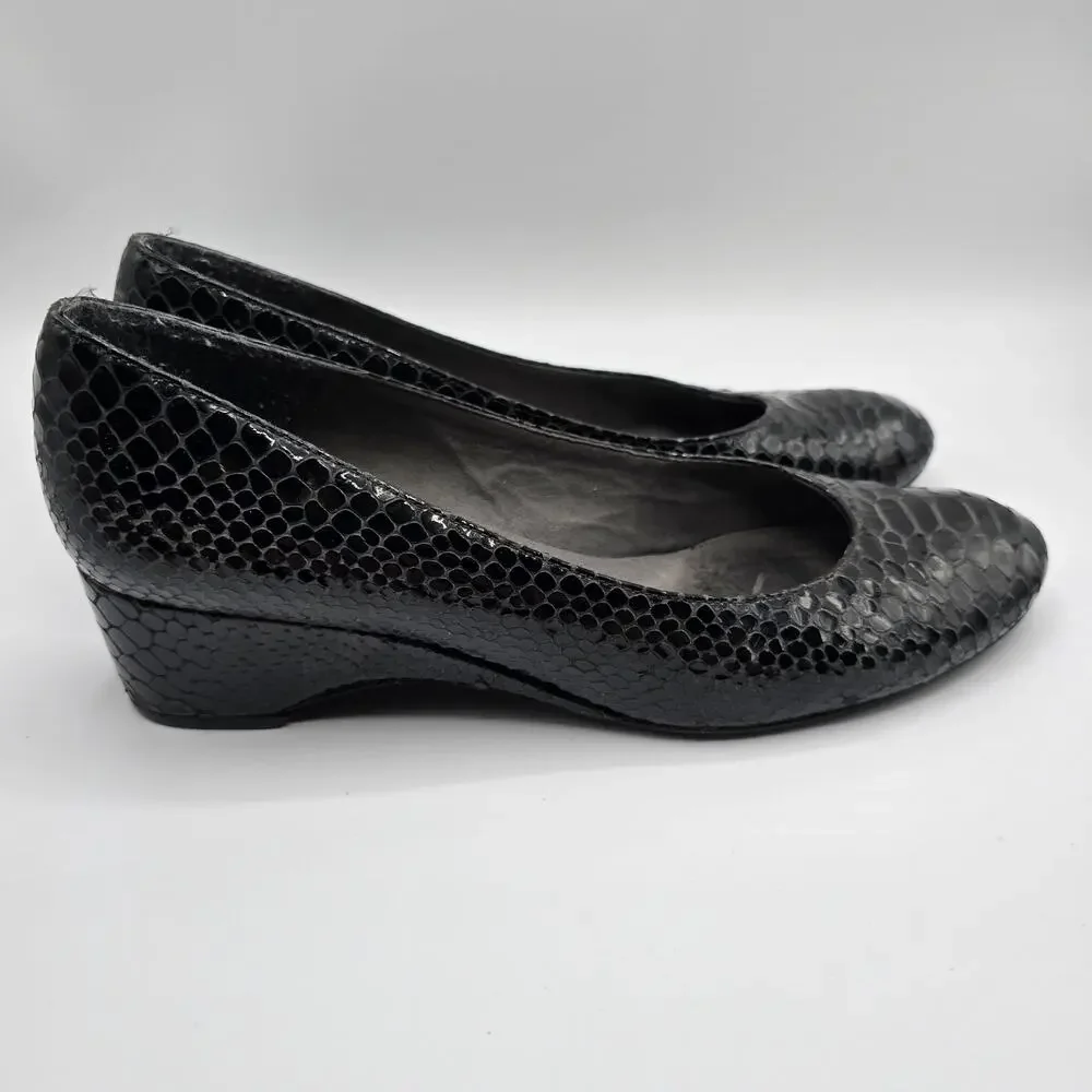 Stuart Weitzman black patent snake print low heel close toe wedges